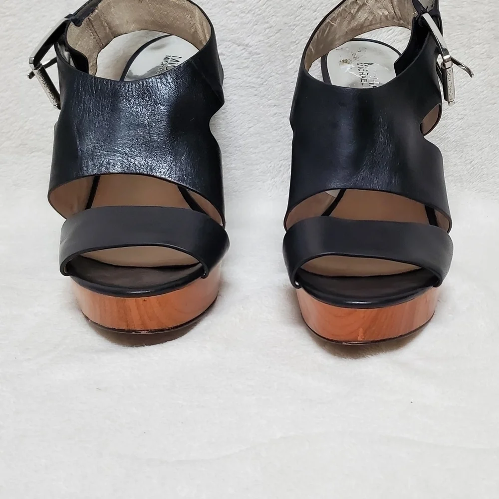 MICHAEL Kors Carla Black Leather Faux Wood Platform Wedge Strappy Sandal 9.5